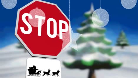 Animation-of-baubles-over-stop-sign-with-santa-claus-in-sleigh-with-reindeer-in-winter-scenery