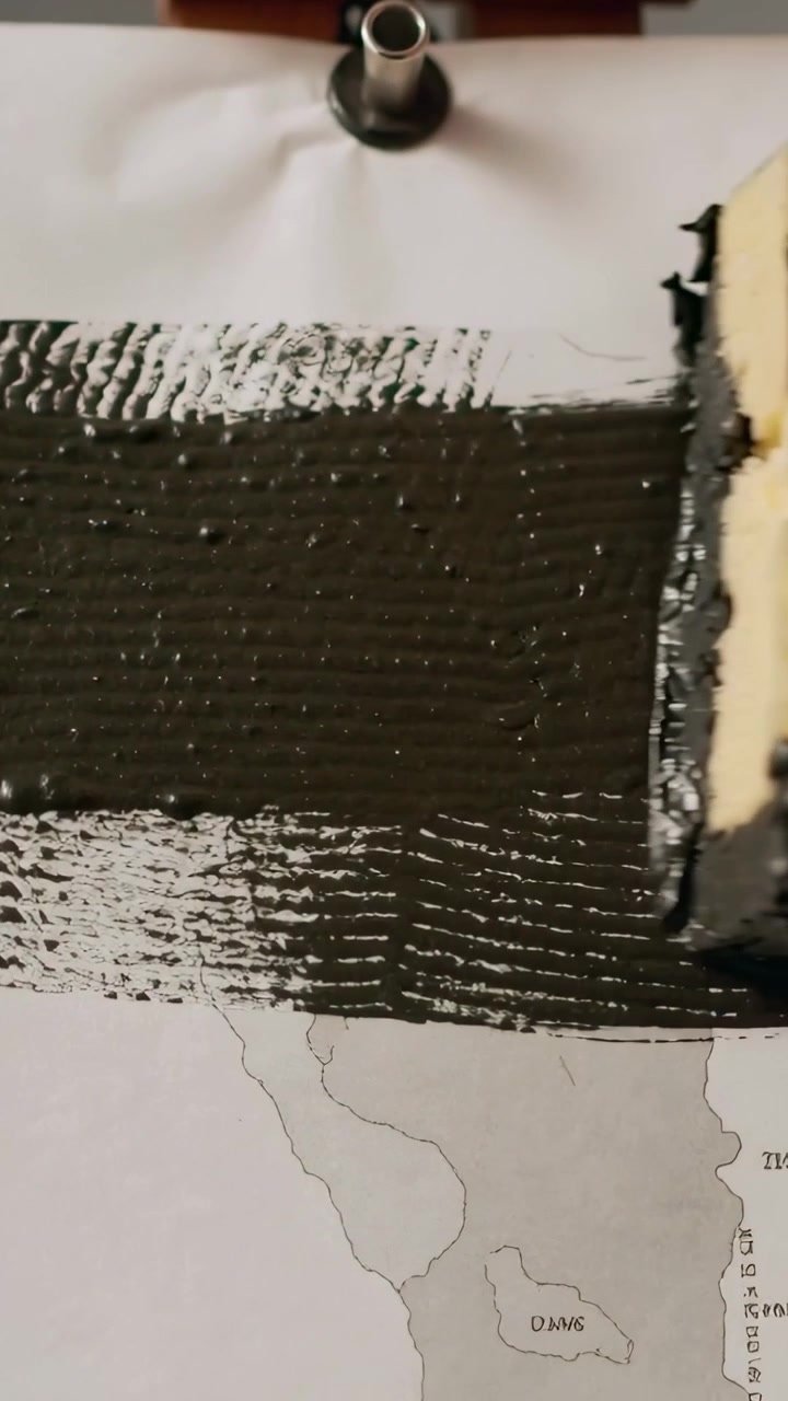 Video verticale: Mano che abbassa una spugna bianca stendendo inchiostro nero su una mappa, oscurando la stampa della mappa