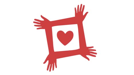 animación de manos con iconos de corazón sobre fondo blanco