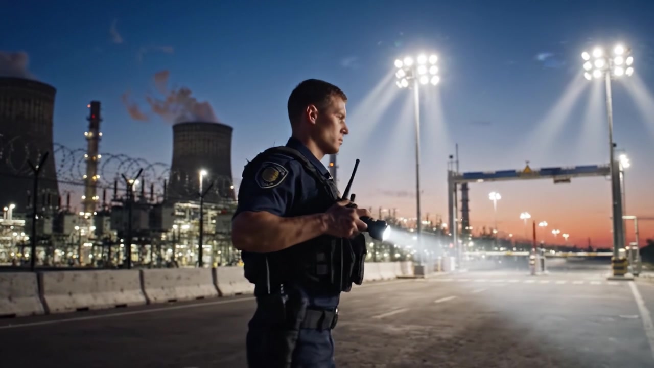 Um oficial de segurança patrulha uma área industrial ao amanhecer, iluminado por luzes vibrantes enquanto garante segurança e vigilância em uma instalação vital.