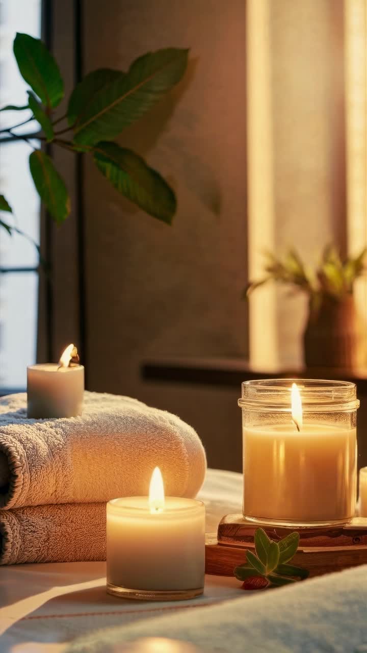 Yakılmış Mumlar ve Masa Üzerinde Rulo Havlularla Sıcak, Rahatlatıcı Bir Spa Ortamı. Alçak Açıdan Çekilmiş, Mükemmel Bir Görünüm.