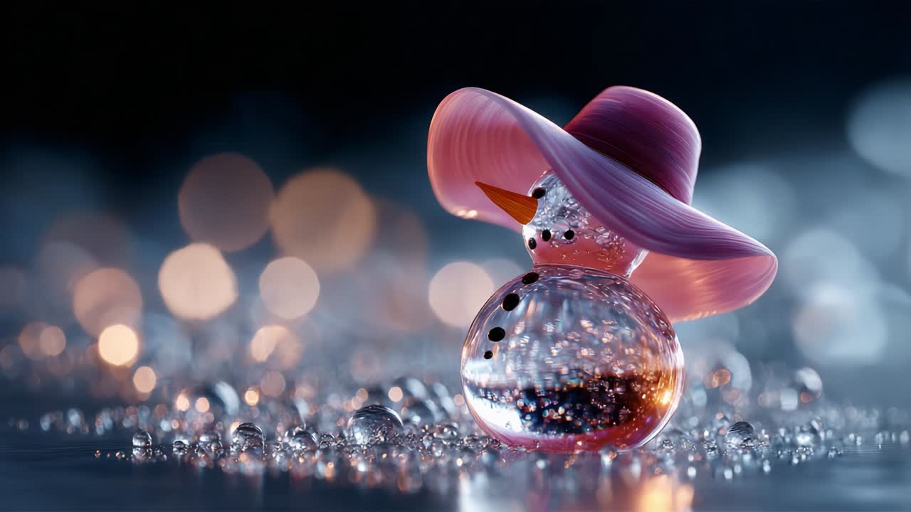 A whimsical glass snowman adorned with a stylish pink hat, shimmering amidst droplets of water, creating a mesmerizing scene that captures the essence of playful winter charm and festive spirit