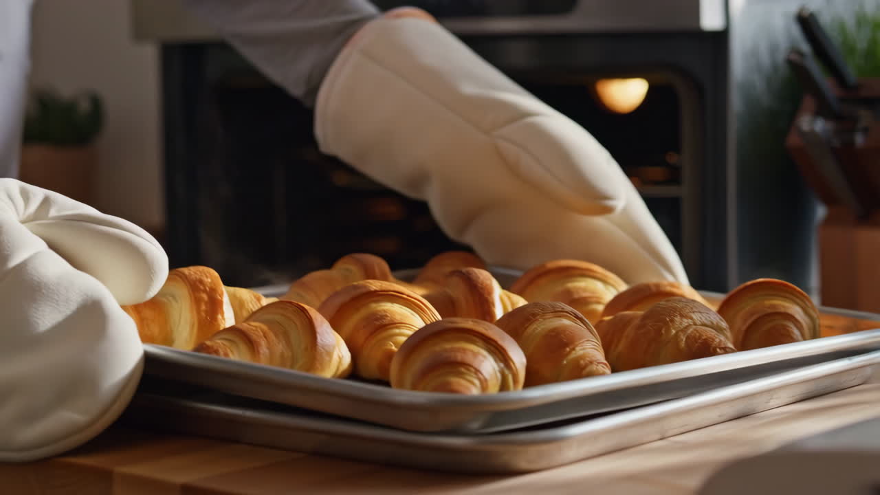Freshly Baked Croissants Being Removed from Oven