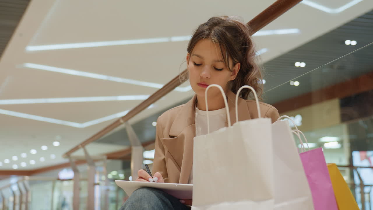 쇼핑백 안에서 쿠폰이나 휴대폰을 찾는 젊은 백인 여성, 구매한 물건을 샅샅이 뒤지는 집중된 손, 배경에는 쇼핑몰 조명과 부티크, 캐주얼 블레이저와 집중하는 분위기