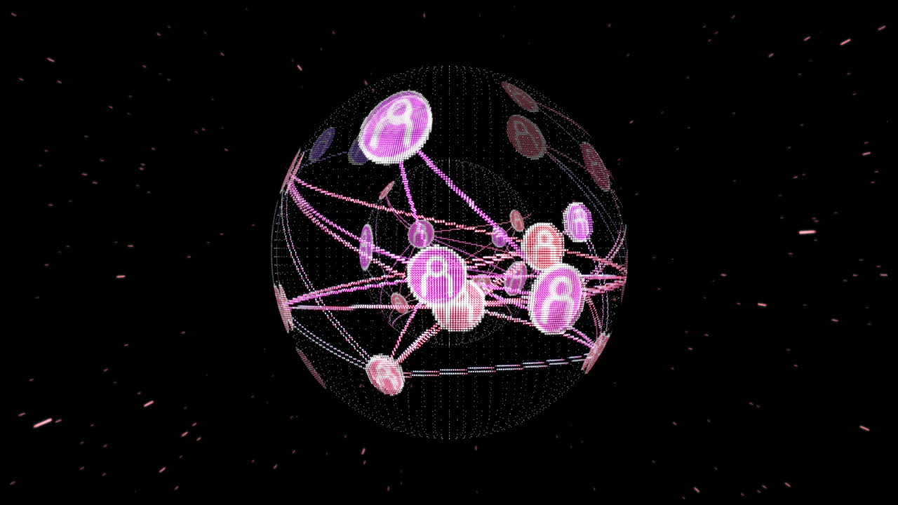 Animation of digital globe with interconnected nodes in pink and purple elements