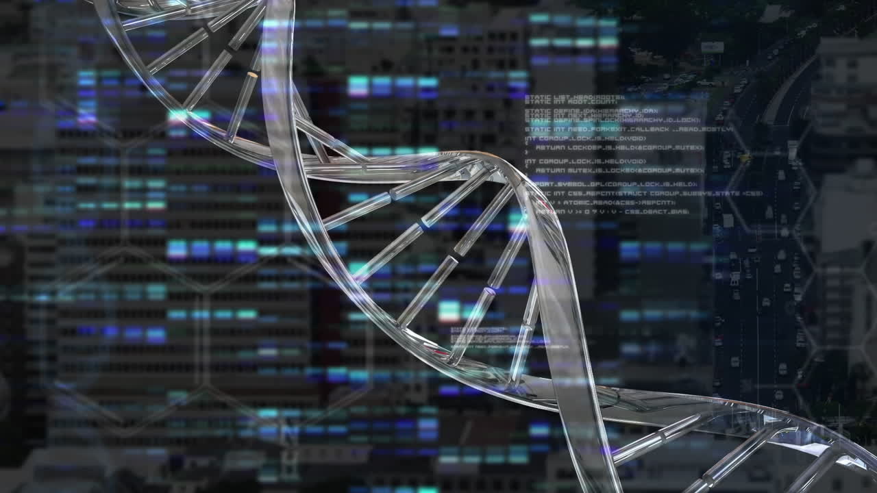 Animation of data processing and dna strand spinning over city