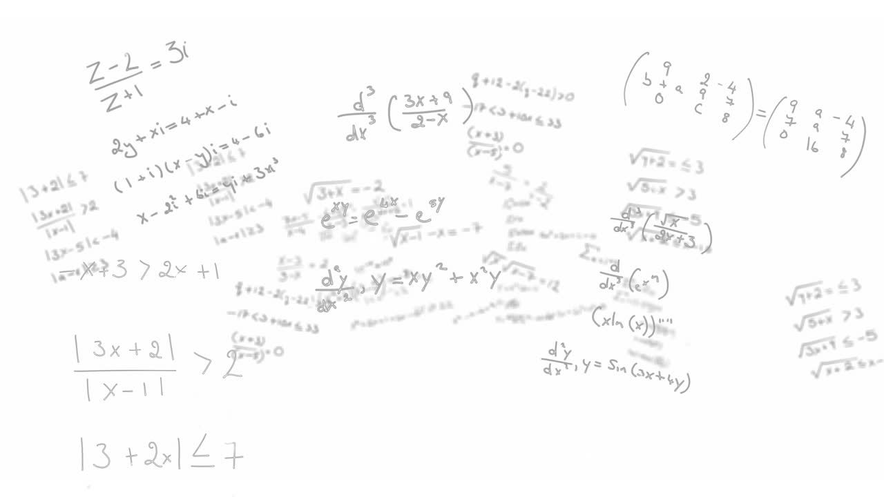 Animation of mathematical equations floating over white background