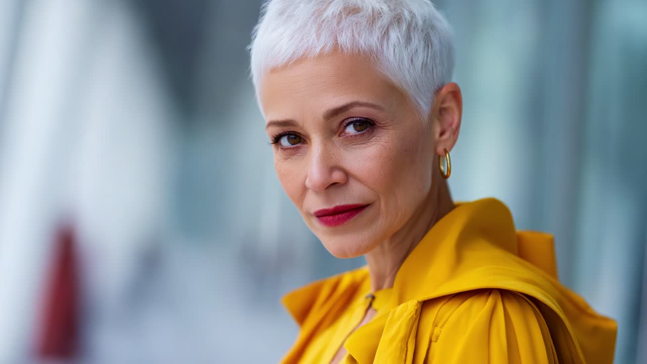 Ritratto accattivante di una donna elegante con capelli bianchi corti e un elegante abito giallo, che emana sicurezza e fascino in un ambiente urbano moderno