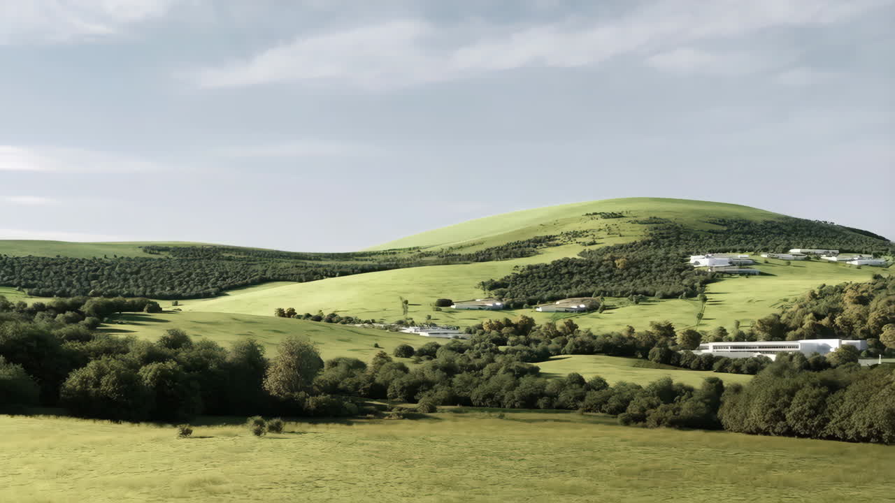 Modern Buildings Integrated into a Lush Green Hilly Landscape