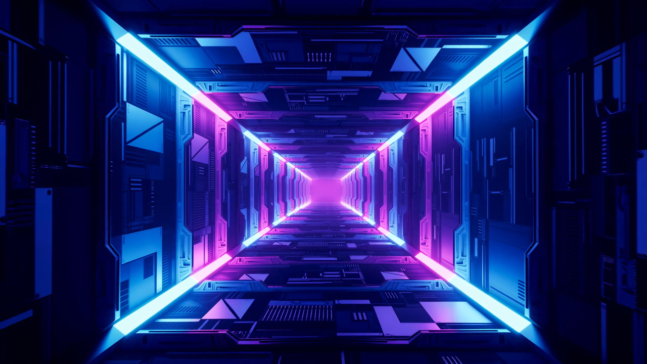 Neon Cyber Tunnel Corridor Glowing With Magenta And Cyan Lights, Symmetrical Architecture With Digital Panels,