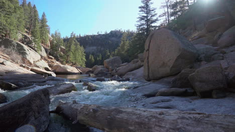 Filmischer-Colorado-River,-Fischerparadies,-Deckers,-Cheesman-Canyon,-Immergrüner-Nadelbaum,-Felsbrocken,-Schattiger-Berghang,-Wald,-Friedliches-Wasser,-Felsbrocken,-Felsen,-Baumstamm,-Langsame-Schieberbewegung-Nach-Links,-4k