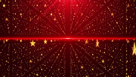 golden stars burst from center across vibrant red backdrop creating radiant energy beams cosmic