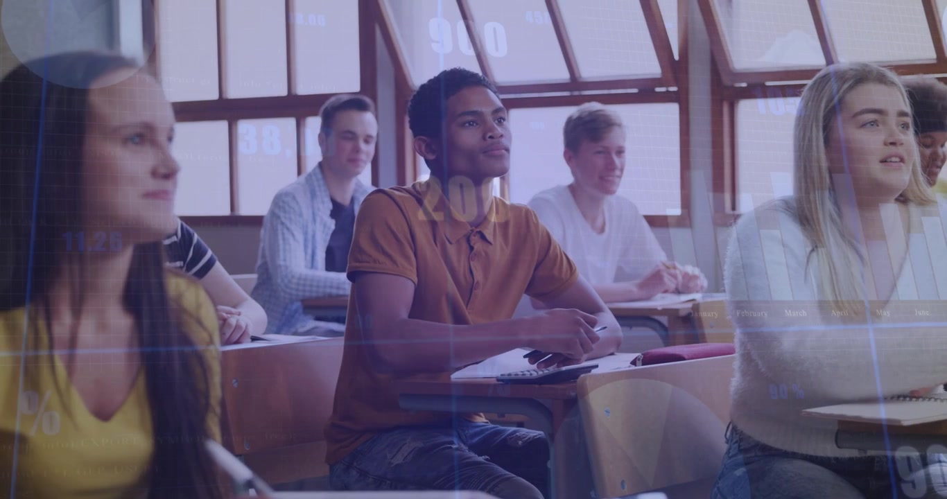 Male student and peers listening in school class, teacher cueing notes while numbers overlay desks