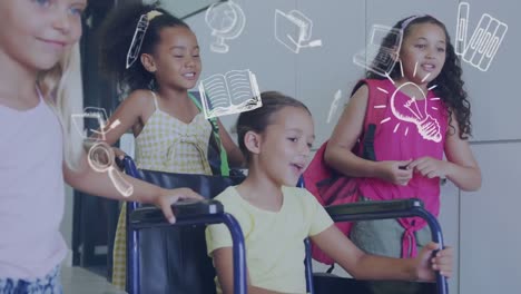 animation of school icons over happy diverse schoolgirls pushing friend in wheelchair