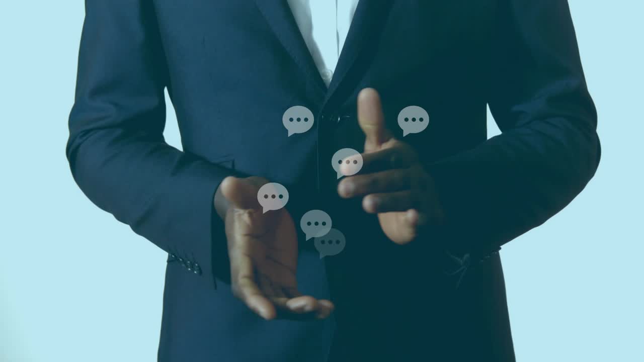 Male torso loosening clasp and opening palms, spawning speech bubbles illustrating dialogue flow