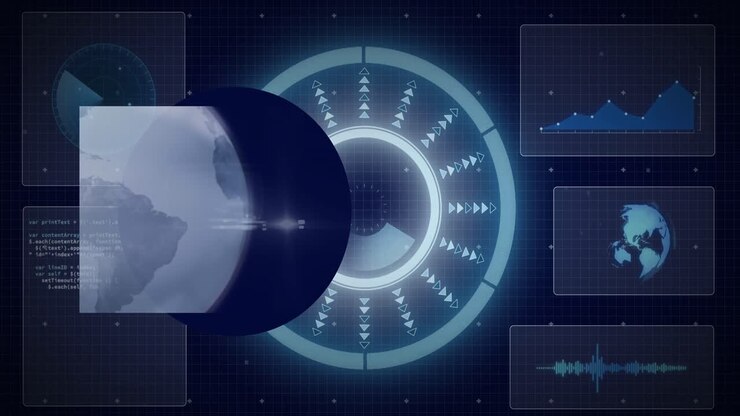 Animation of globe over data processing with scope scanning on black background