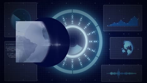 Animation-of-globe-over-data-processing-with-scope-scanning-on-black-background