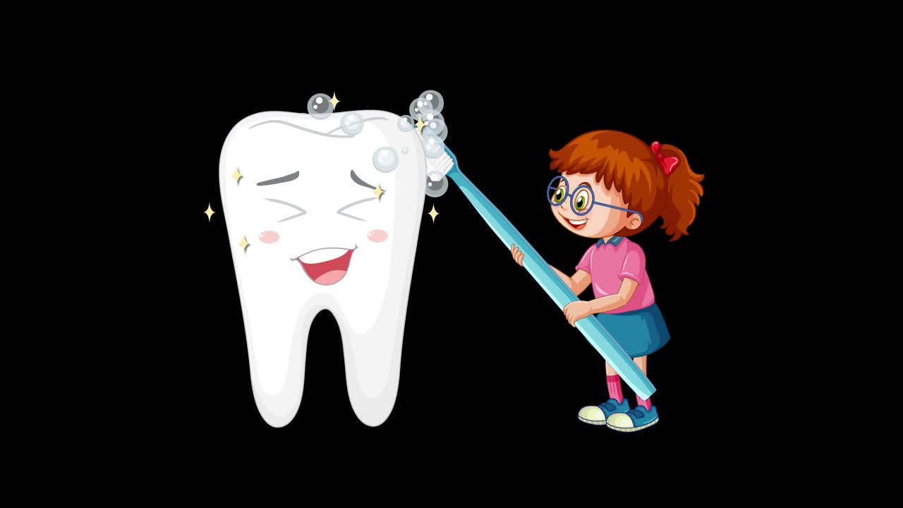 Animated sequence of a smiling girl brushing a large cartoon tooth with a toothbrush, showing foaming action and clean results, on a solid black backdrop
