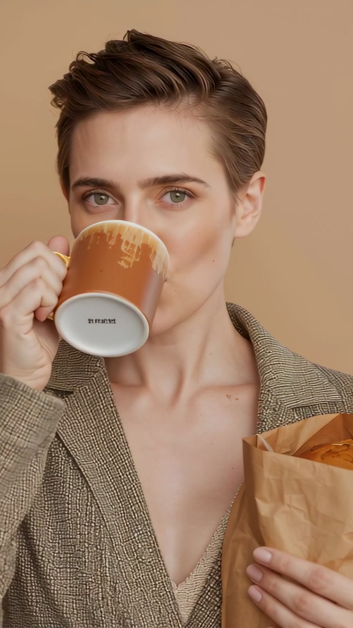Vertical video: Holding mug, paper bag, model in blazer tasting and checking pastry in studio
