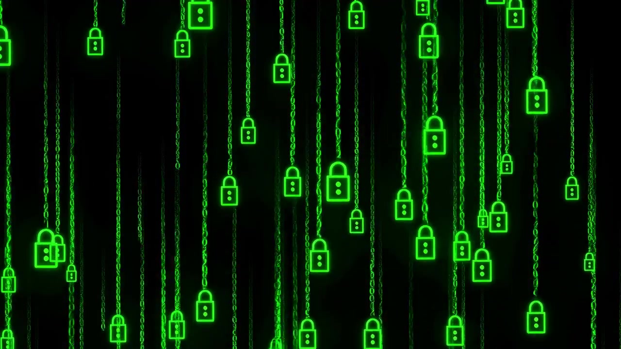 Bright green padlock icons hang in vertical chains across a black background, creating a futuristic cybersecurity pattern with strong contrast and a digital