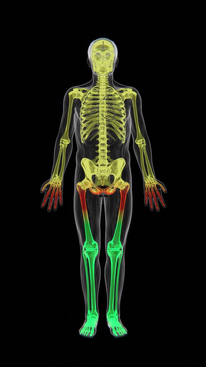 3D medical visualization of the human skeletal system showing the complete framework of bones throughout the body against a dark background UHD