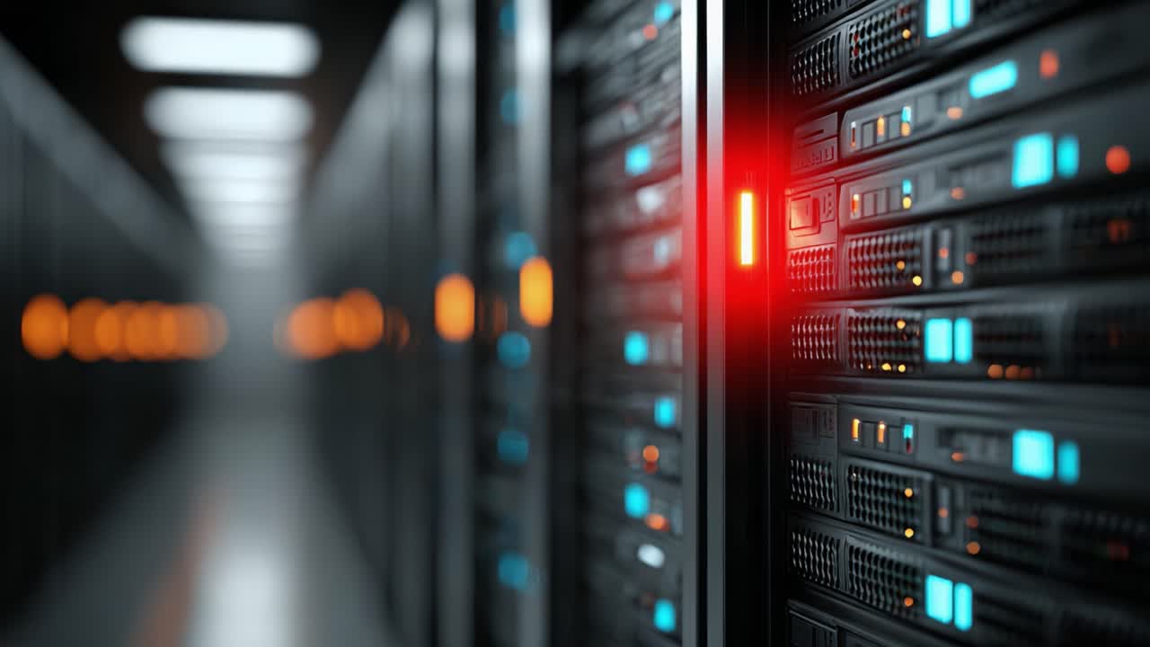 A Glimpse into the Future: High-Tech Data Center with Illuminated Server Racks and Advanced Technology, Showcasing Modern Computing Power and Efficiency