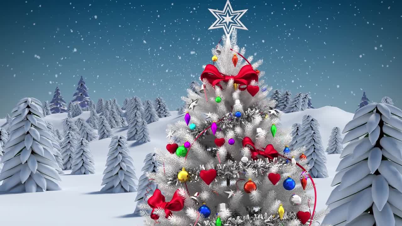 푸른 하늘에 겨울 풍경에  ⁇  크리스마스 트리 위에 내리는 눈