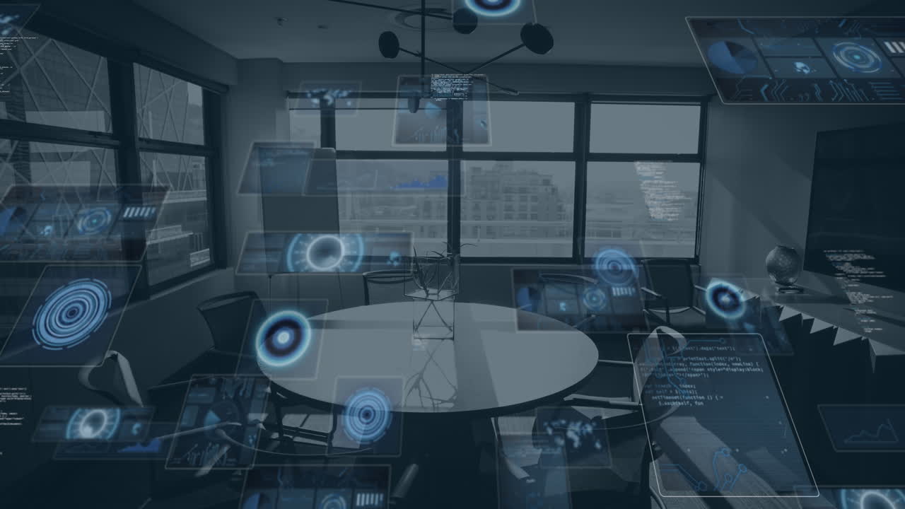 여러 둥근 스캐너의 애니메이션과 빈 사무실에 대한 데이터 처리