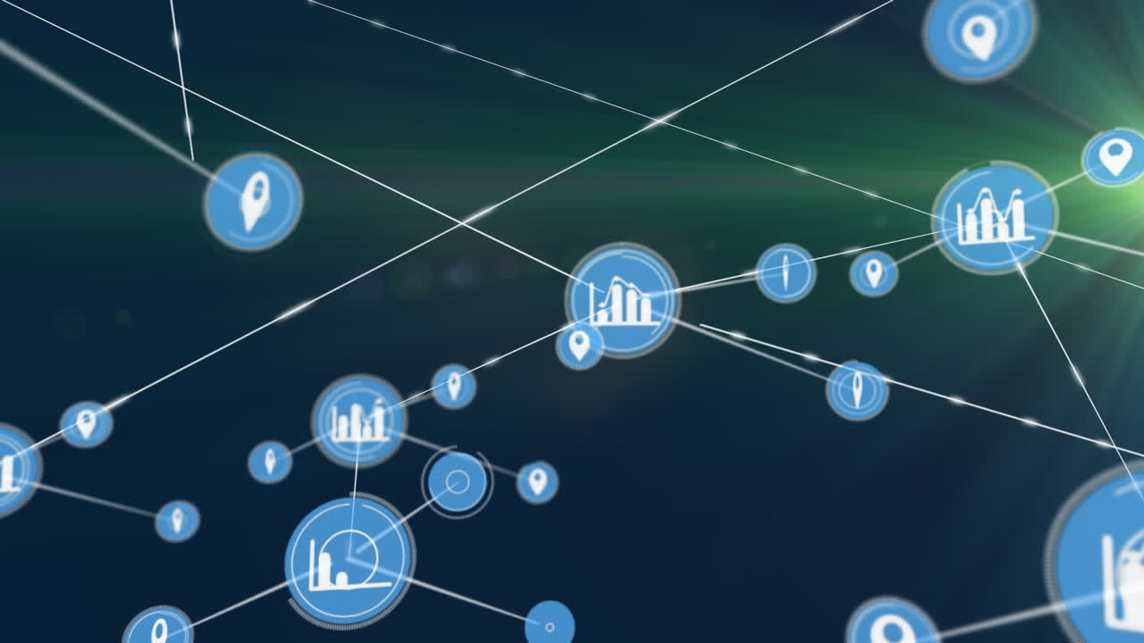 Animation of network of digital icons over green light spot against blue background