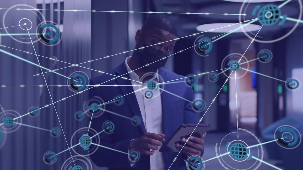 Businessman Using Tablet with Digital Network Overlay in Modern Office
