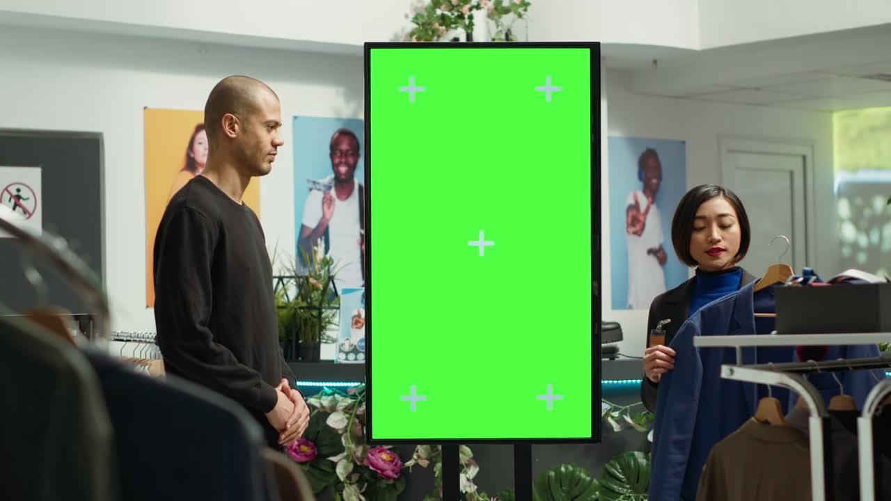 고객이 가상 디스플레이로 옷을 시도합니다.