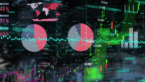 animación de la interfaz infográfica multicolor, cambiando los números contra los edificios en el fondo.