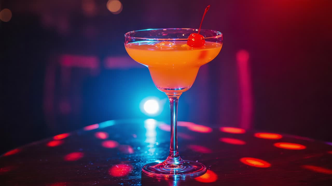 A Beautifully Crafted Cocktail in a Vibrant Setting Captured in Two Frames Highlighting Its Color and Detail Amidst Dazzling Lights
