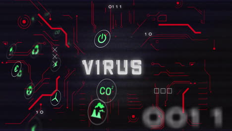 animation of eco icons and data processing over virus text on black background