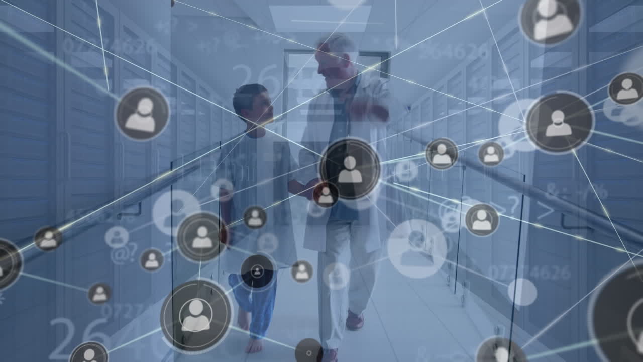 Animation of network of connections with icons over male doctor