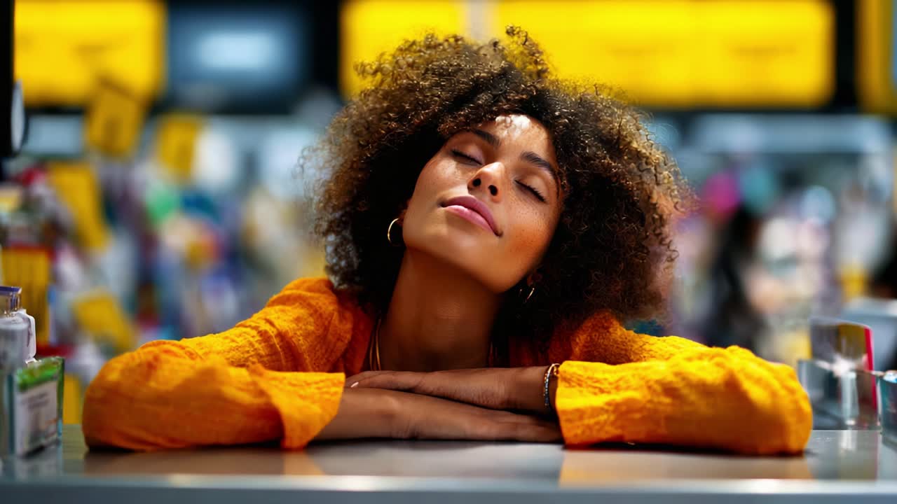 A woman with curly hair relaxes her head on a workstation, expressing a moment of tranquility and contemplation in a busy environment filled with vibrant colors and activity