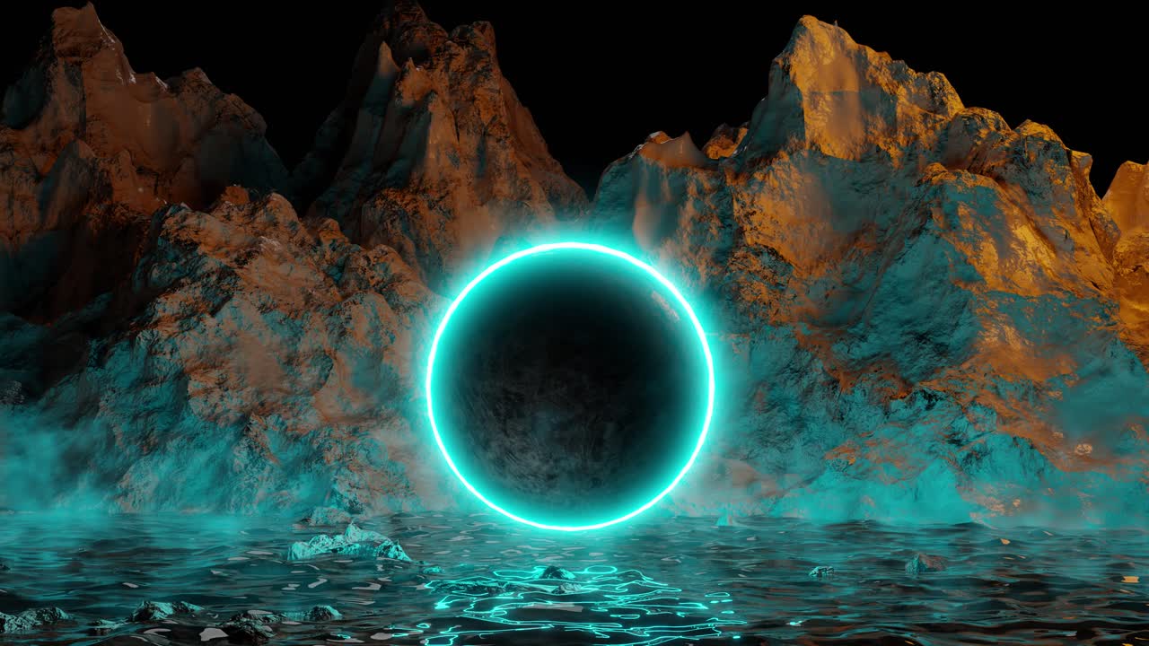 3D animation of neon planet and sharp edged mountain formations near water