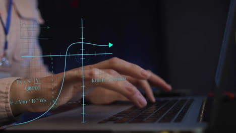 animation of scientific data processing over caucasian female it technician by servers