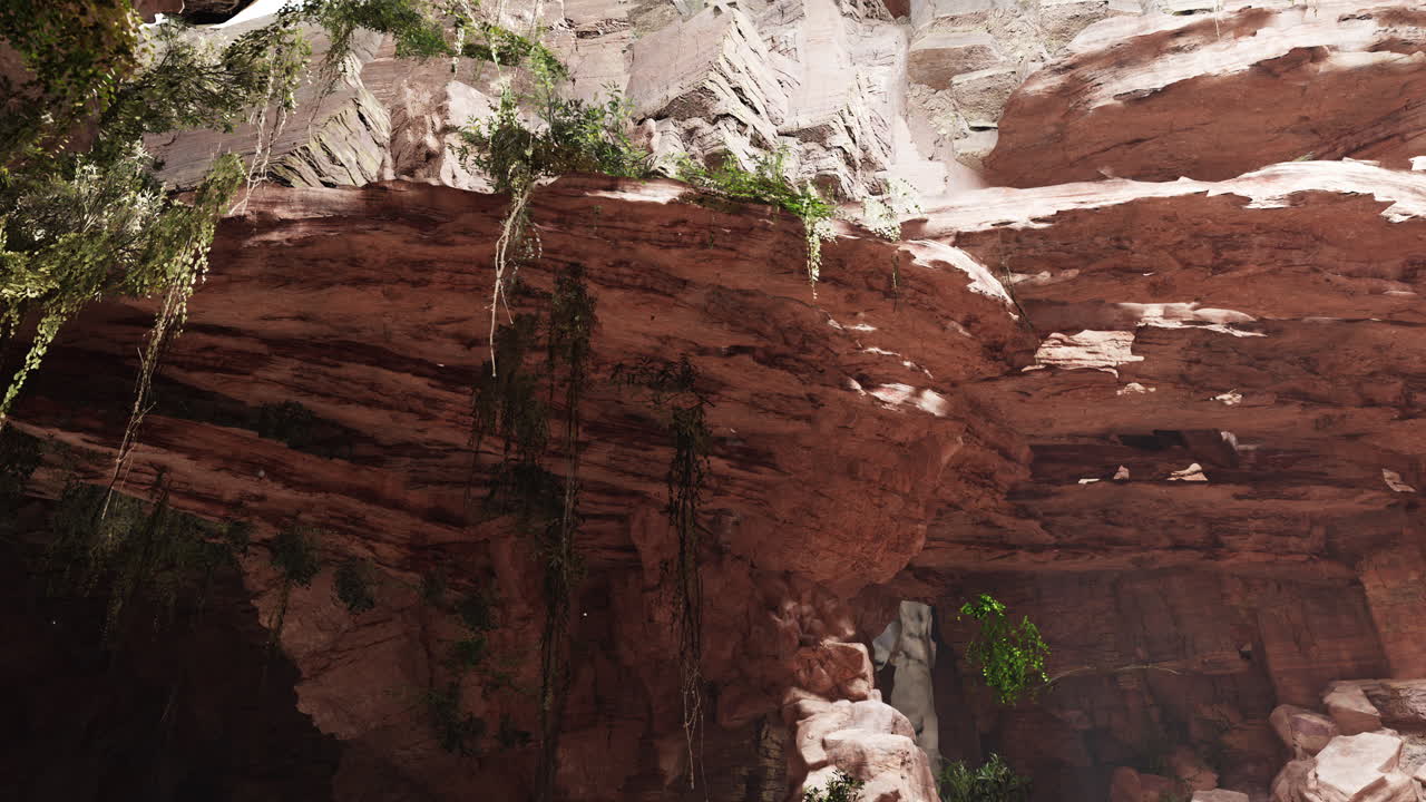 inside a limestone cave with plants and sun shine