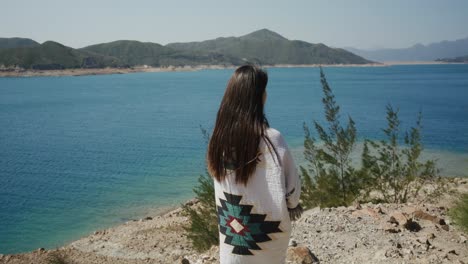 vista trasera de una mujer disfrutando del paisaje marítimo