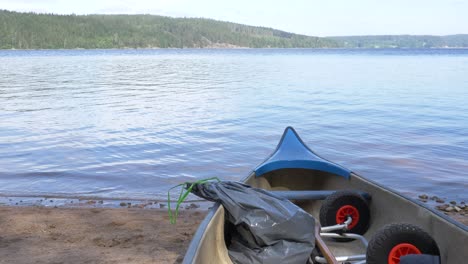 vista inclinada hacia arriba de mano del paisaje de aguas tranquilas desde una canoa en la orilla, en verano