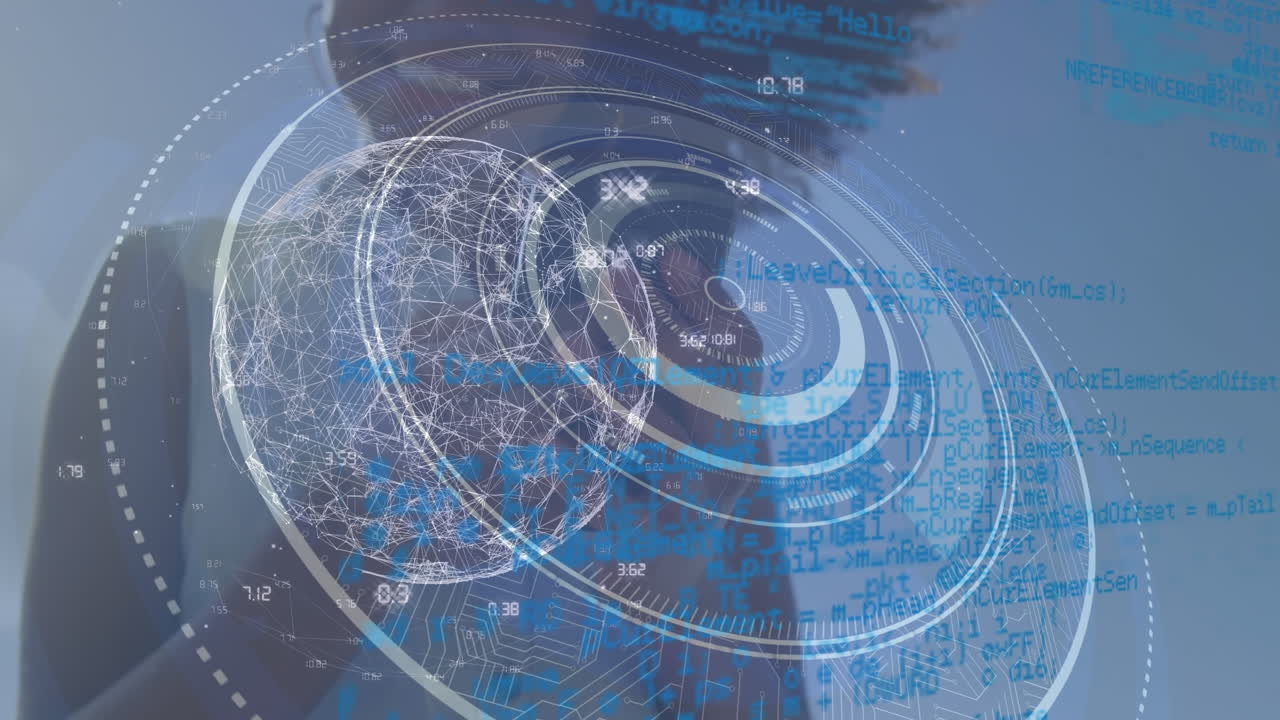 animación de un globo giratorio y datos diversos sobre una mujer biracial usando un teléfono inteligente