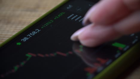 bolsa de valores, comercio en línea, comerciante chica trabajando con un teléfono inteligente en el piso de negociación del mercado de valores