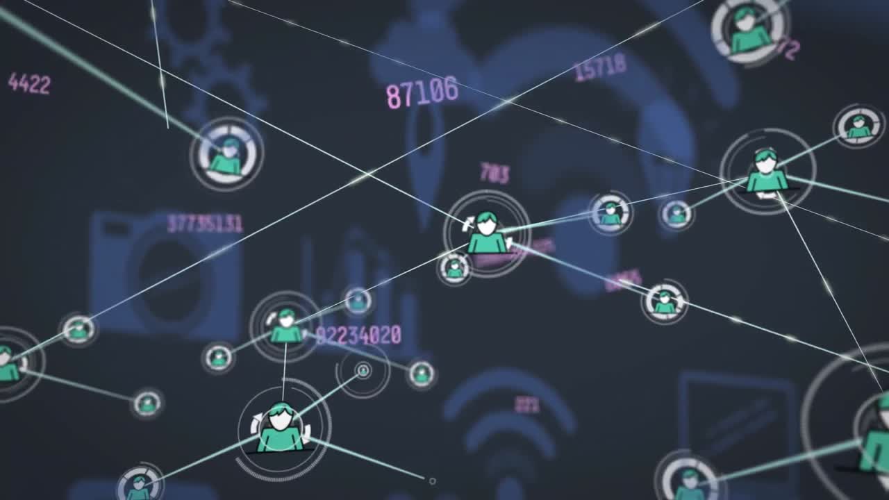 Animation of connected icons over changing numbers against multiple icons in background