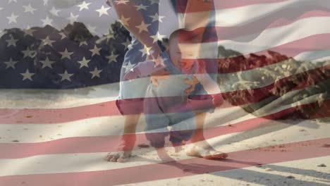 Caucasian-family-walking-together-with-US-flag-waving-foreground