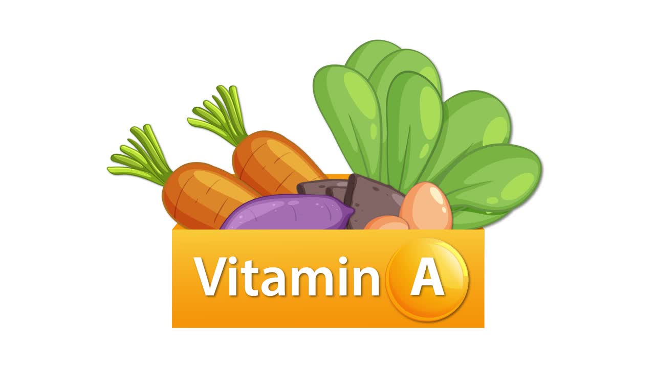 Animated vitamin A box reveals assorted vegetables, bright colors, clean white background, smooth transitions
