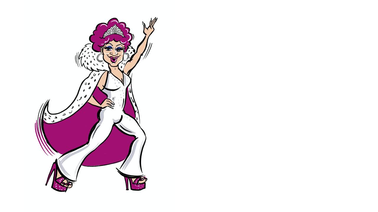una divertida caricatura animada de una drag queen vestida con un mono brillante en una postura de baile