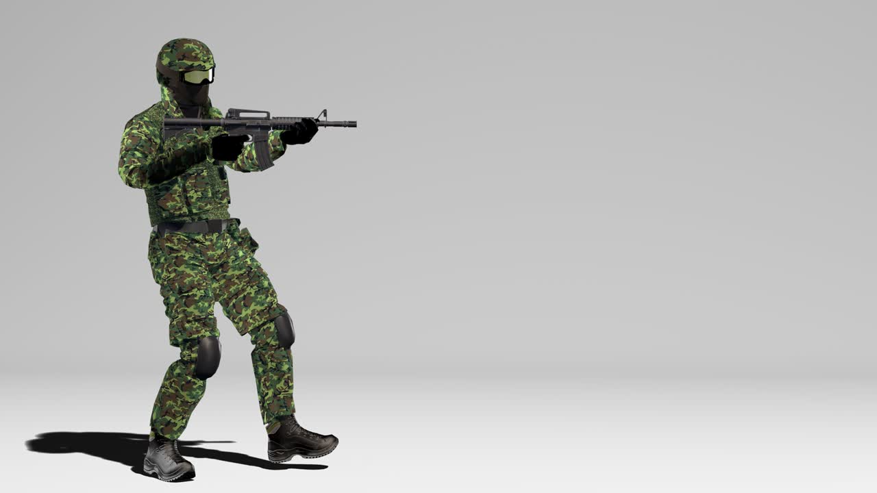 Soldato in mimetica cammina con un'arma pronta su sfondo bianco. Canale Alpha. Animazione 3D.