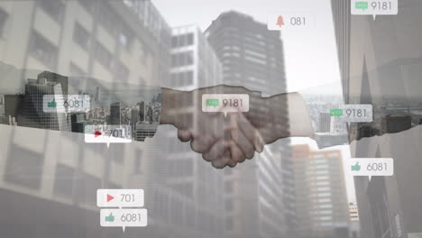 digital icon with increasing numbers over mid section of businessman and businesswoman shaking hands