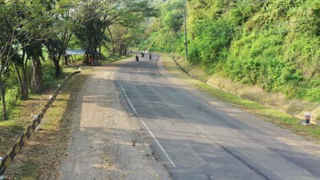 country road through forest with motorbike